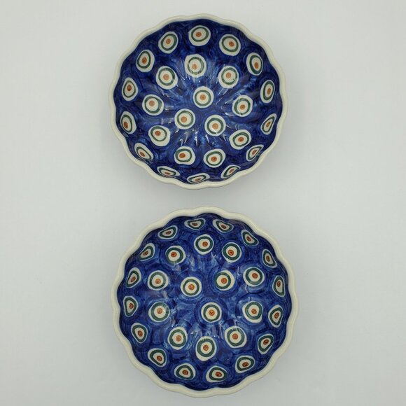 Polish Pottery Peacock Eyes Small Fluted Bowls Brown Eyed Peacock Trinket Dishes - Picture 3 of 8